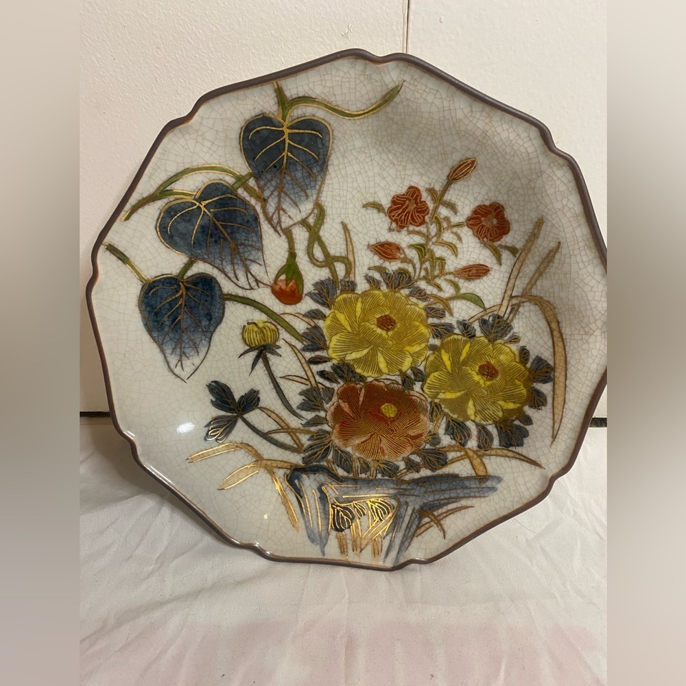Vintage 19th Century Japanese Crackle-Glazed, Hand-Painted Porcelain 10” Plate
